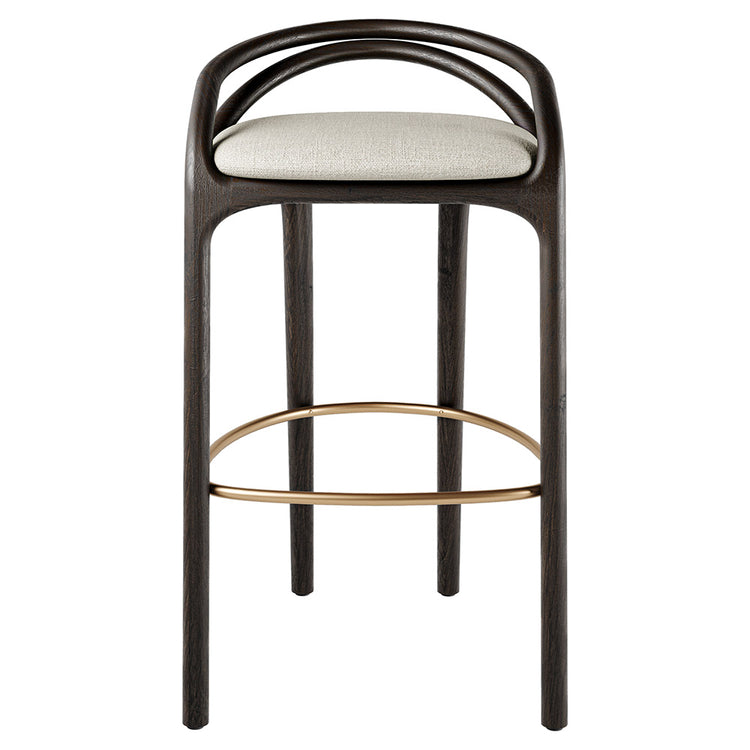 Aleta Bar Stool - Beige Chenille, Brass, Dark Brown Teak Frame