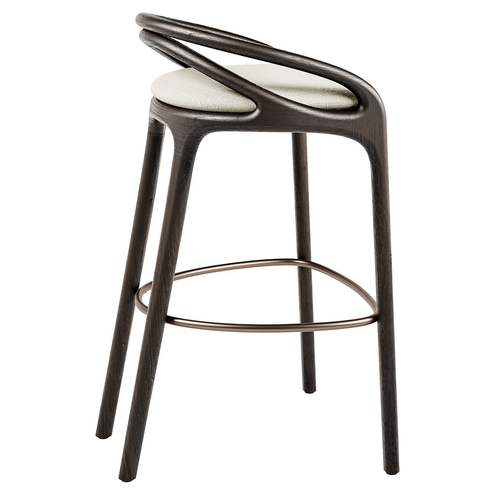 Aleta Bar Stool - Beige Chenille, Bronze, Dark Brown Teak Frame