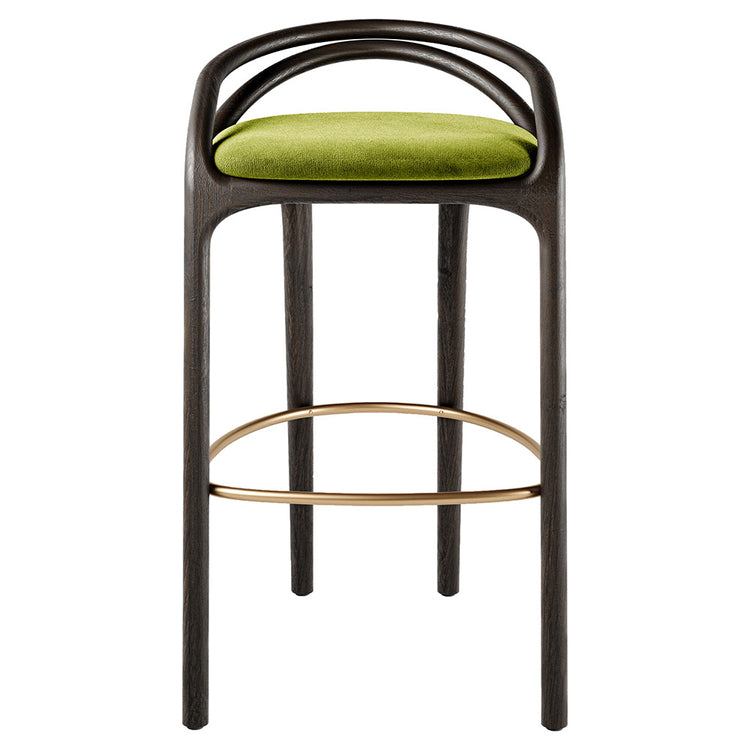 Aleta Bar Stool - Green Velvet, Brass, Dark Brown Teak Frame