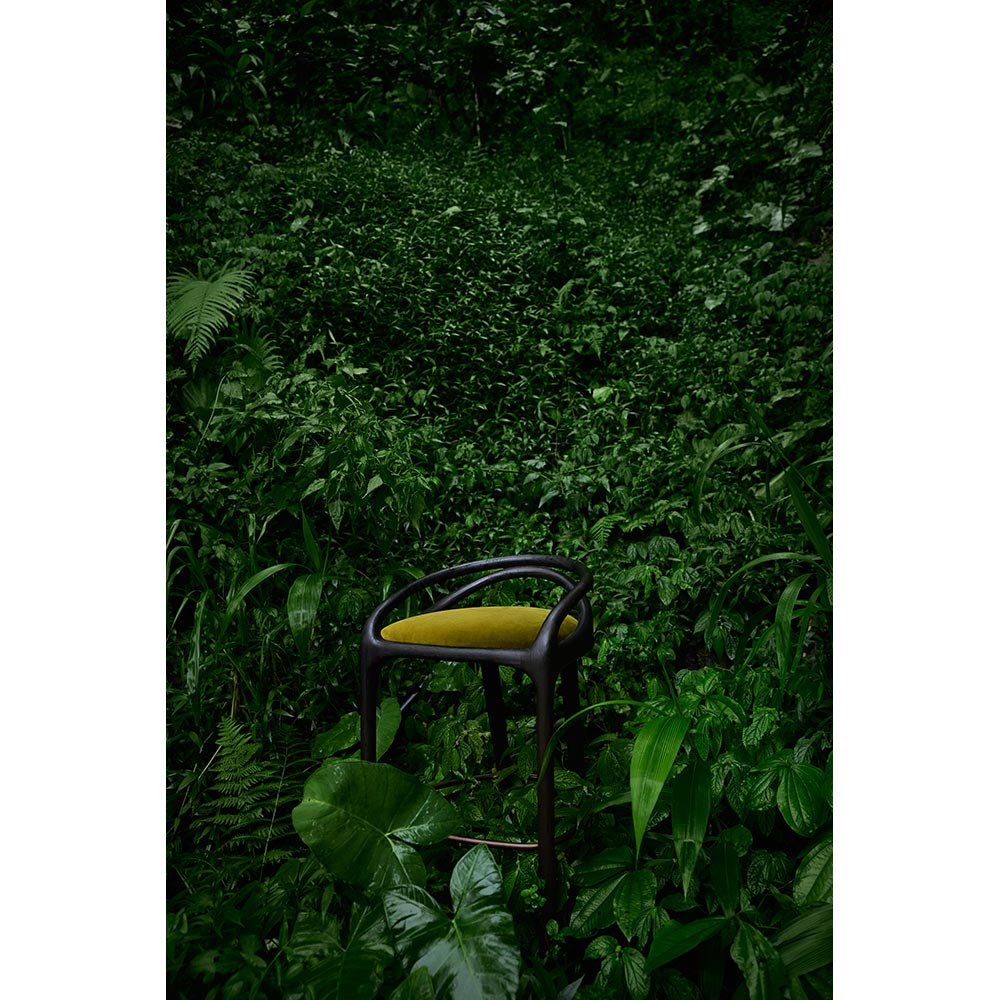 Aleta Bar Stool - Green Velvet, Brass, Dark Brown Teak Frame