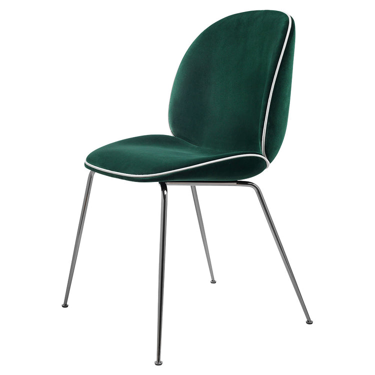 Beetle Fully Upholstered Dining Chair - Dark Green Velvet, Beige Velvet Piping, Black Chrome Conic Base