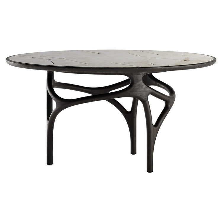 Cena Dining Table - Engraved Beige Quartzite Top, Dark Brown Teak Base
