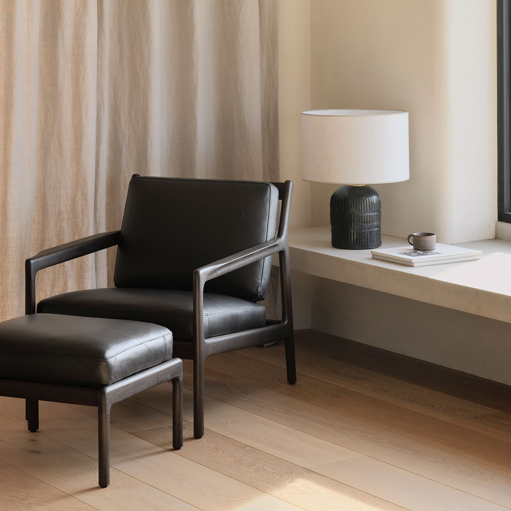 Jack Footstool - Black Leather, Dark Brown Mahogany