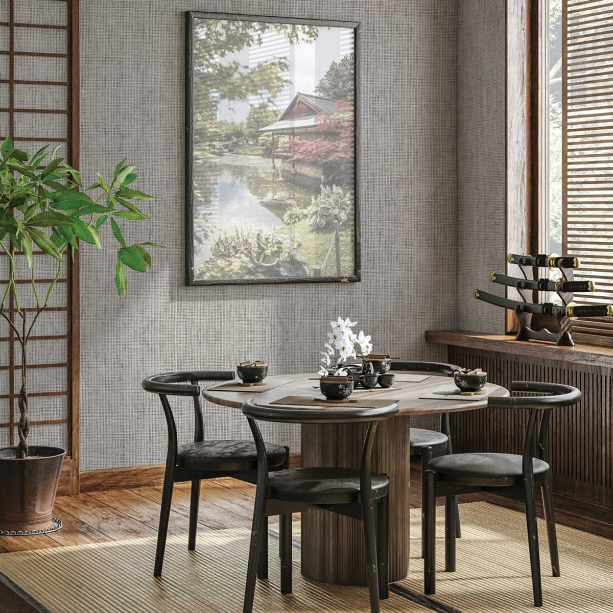 Loose Box Weave Paperweave Wallpaper - Light Natural on Black Boxweave