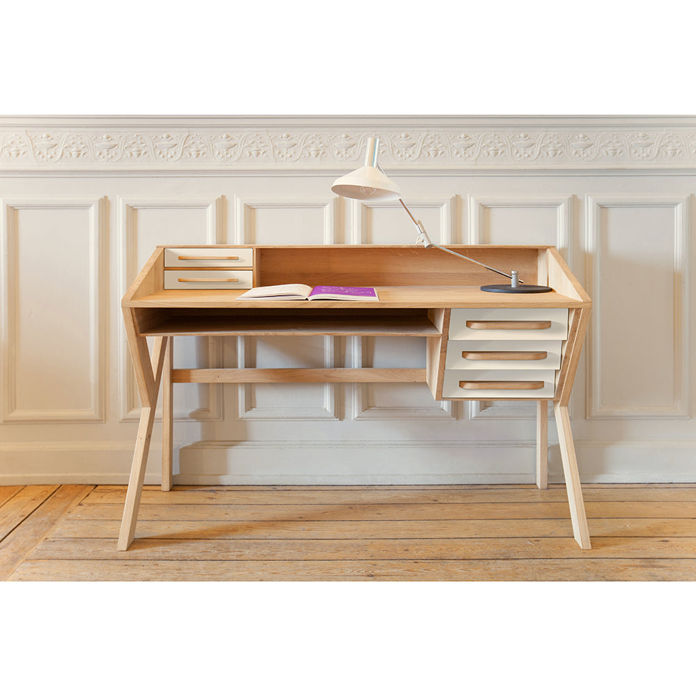 Oak Origami desk - cream - 5 drawers