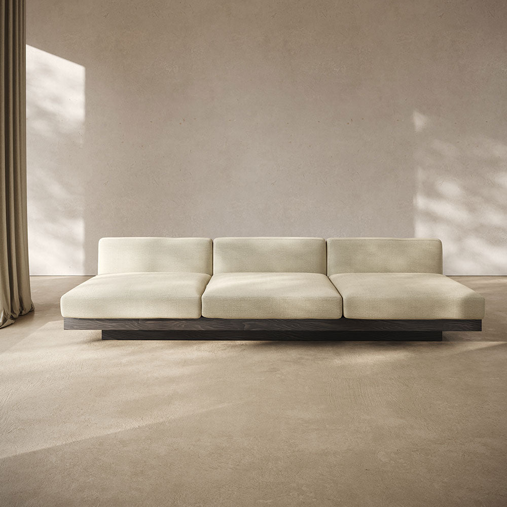 Rudolph 3 Seater Bench Sofa - Sand Cushions, Black Oak Base