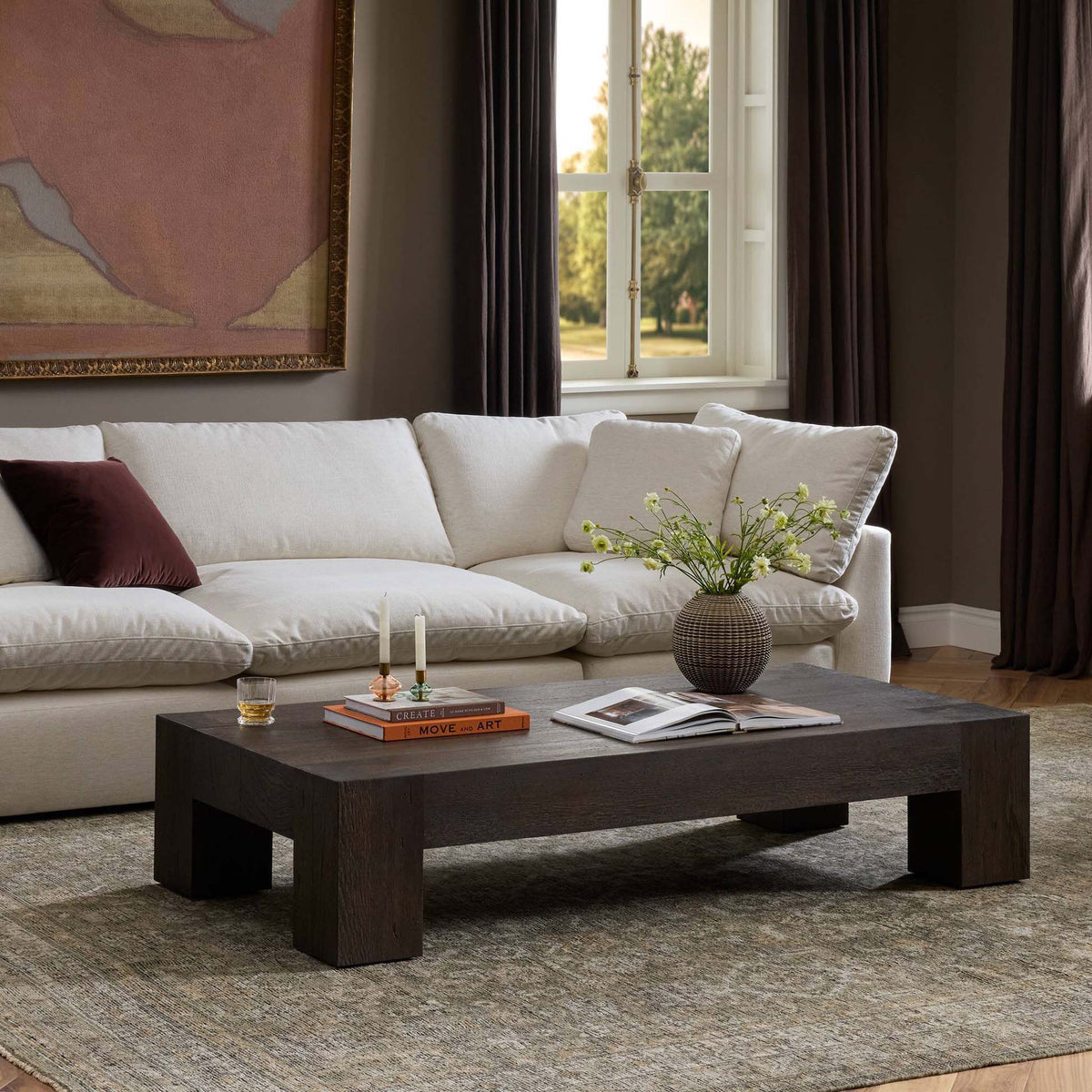 Abaso Rectangular Coffee Table - Ebony Rustic Wormwood Oak - 70"W