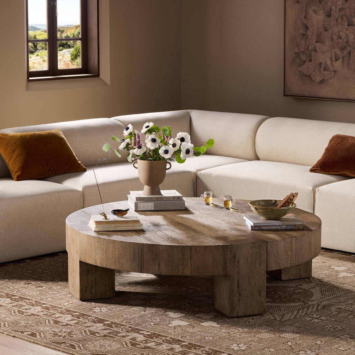 Abaso Round Coffee Table - Rustic Wormwood Oak