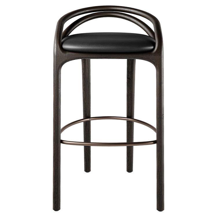 Aleta Bar Stool - Black Leather, Bronze, Dark Brown Teak Frame