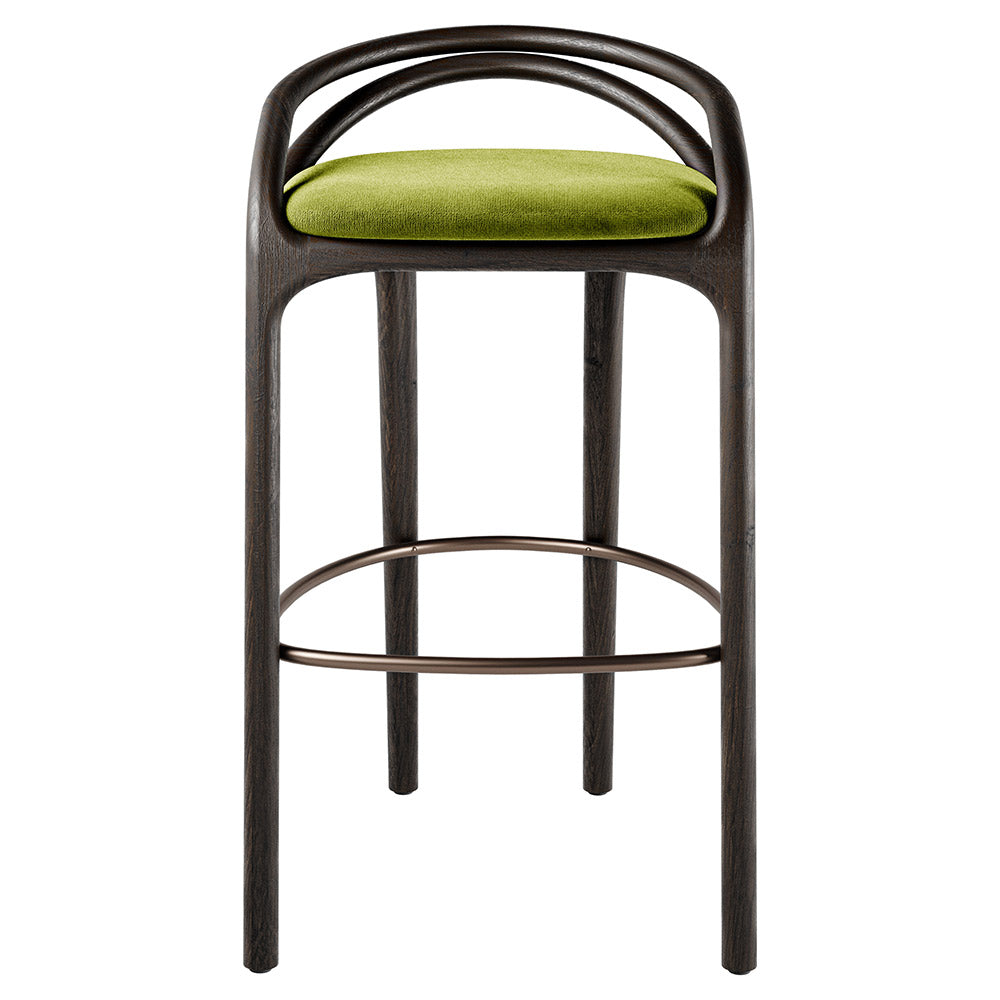 Aleta Bar Stool - Green Velvet, Bronze, Dark Brown Teak Frame
