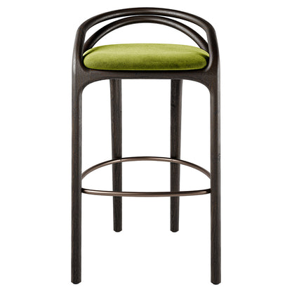 Aleta Bar Stool - Green Velvet, Bronze, Dark Brown Teak Frame