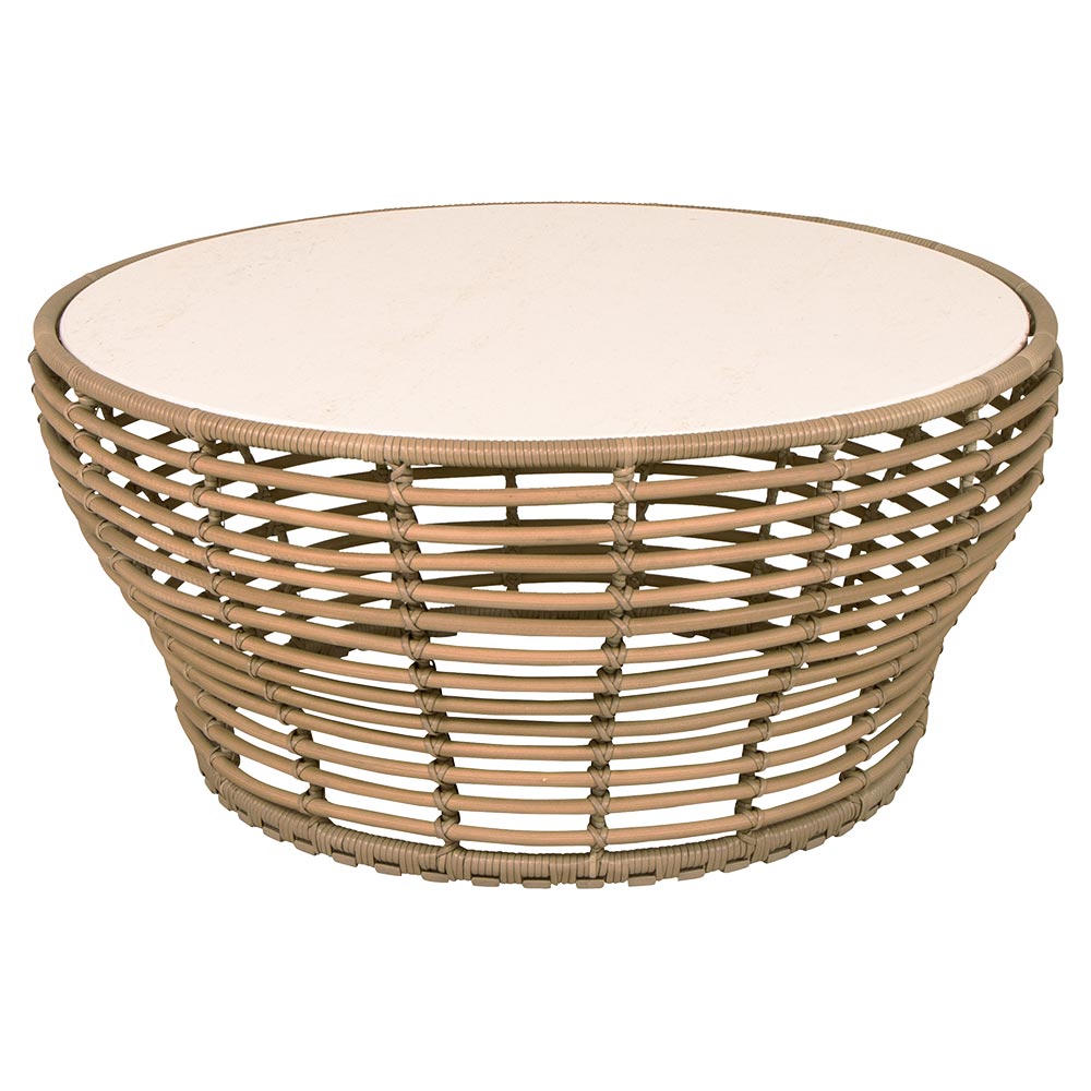 Basket Large Coffee Table - Travertine Look Ceramic Top, Natural Weave Base