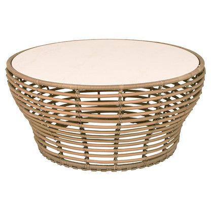 Basket Large Coffee Table - Travertine Look Ceramic Top, Natural Weave Base