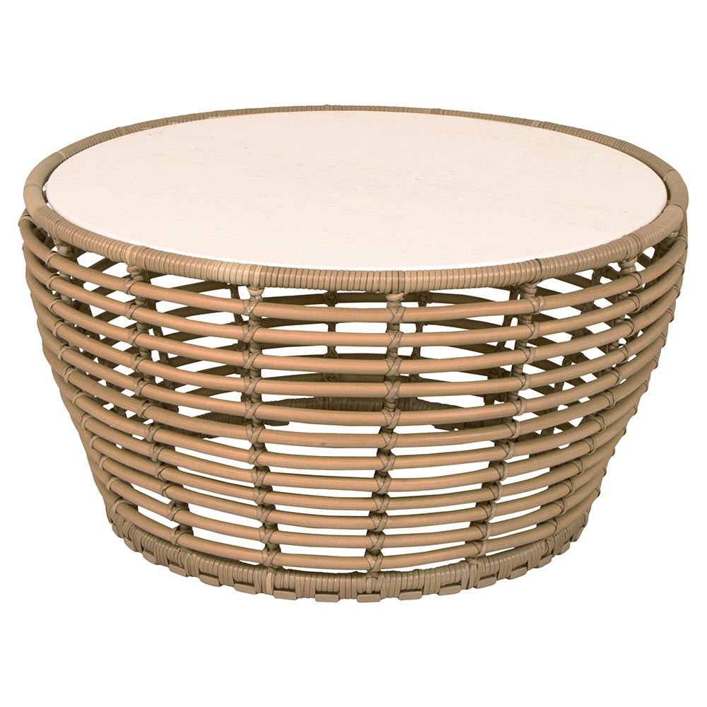 Basket Medium Coffee Table - Travertine Look Ceramic Top, Natural Weave Base