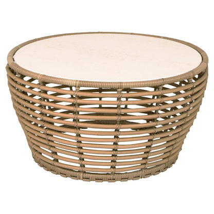 Basket Medium Coffee Table - Travertine Look Ceramic Top, Natural Weave Base