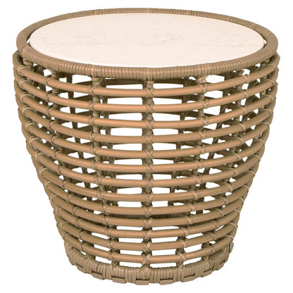 Basket Small Coffee Table - Travertine Look Ceramic Top, Natural Weave Base