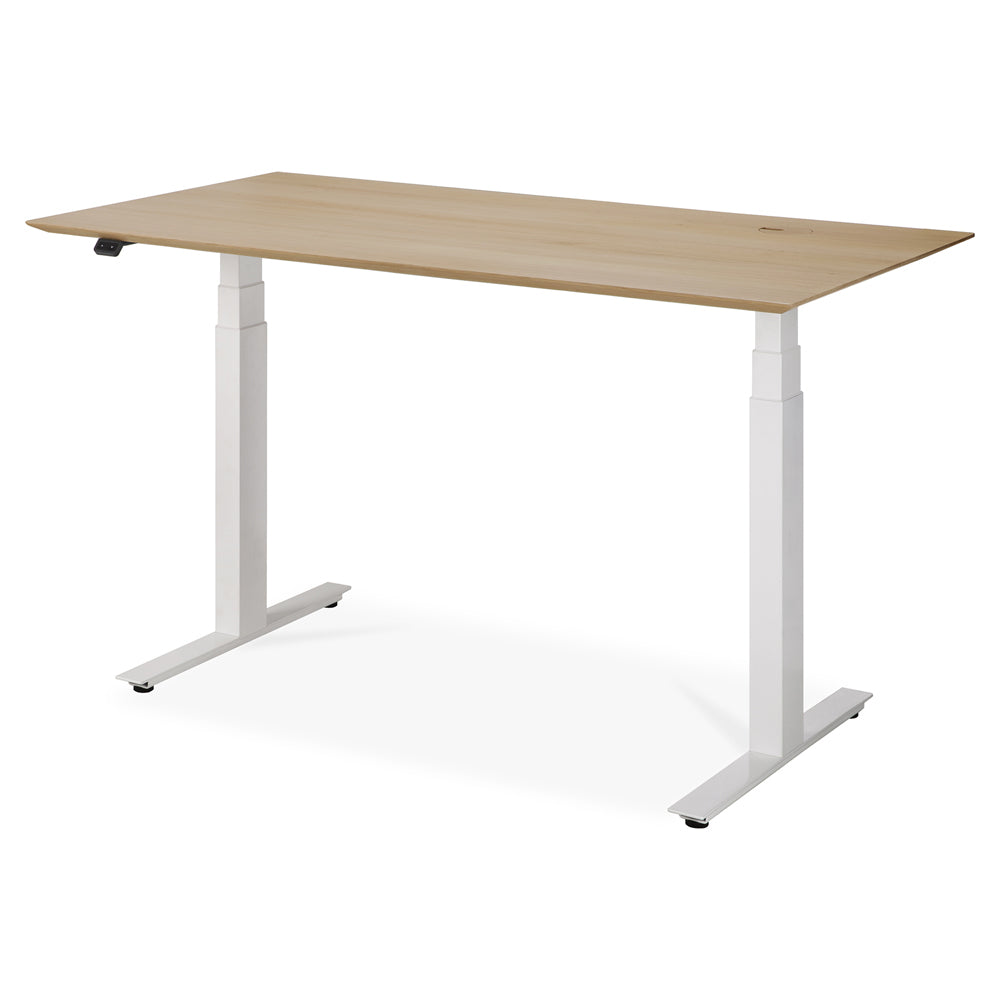 Bok Adjustable Desk - Oak Top, White Base, With Cable Management
