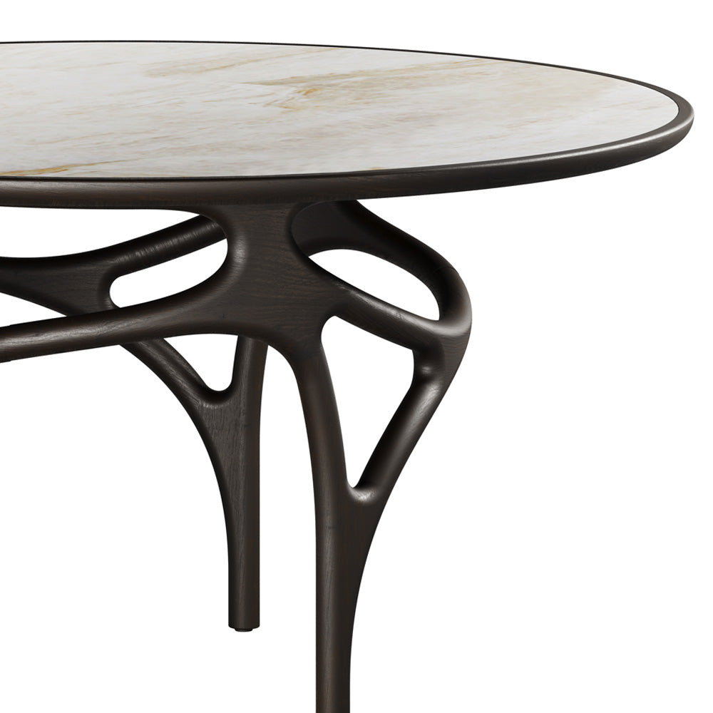 Cena Dining Table - Beige Quartzite Top, Dark Brown Teak Base