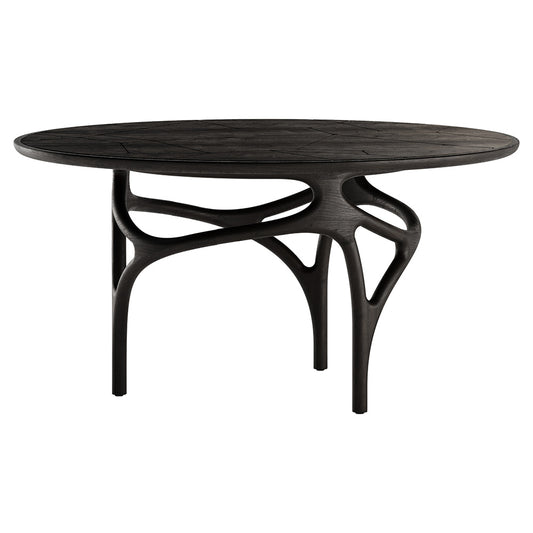 Cena Dining Table - Engraved Dark Brown Teak Top, Dark Brown Teak Base