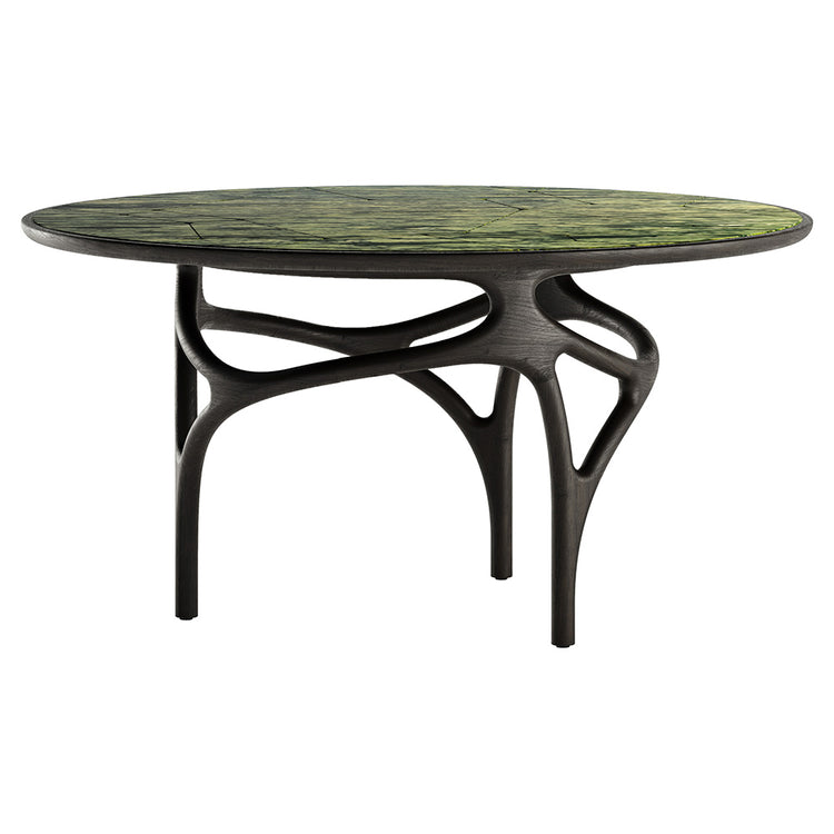 Cena Dining Table - Engraved Green Marble Top, Dark Brown Teak Base