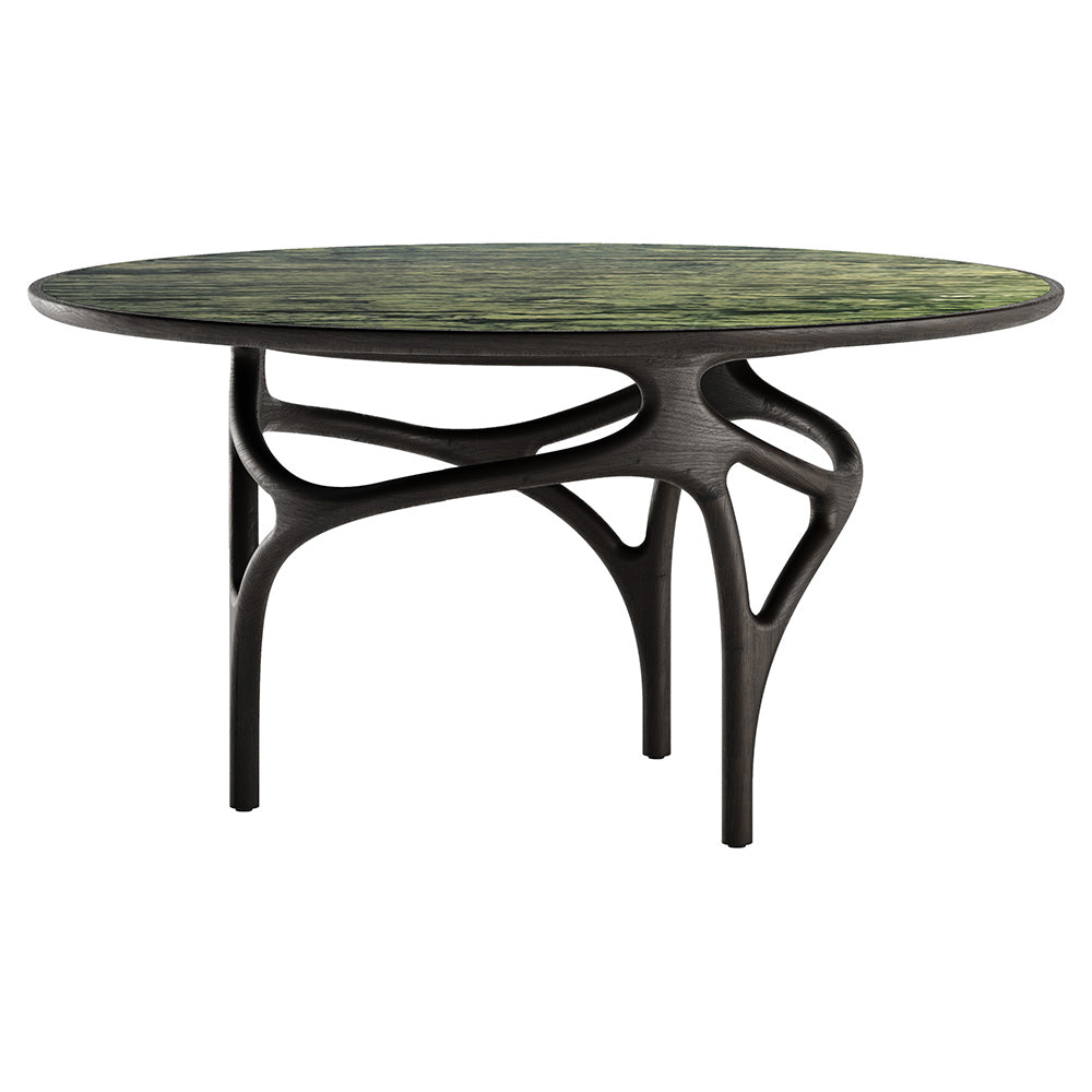 Cena Dining Table - Green Marble Top, Dark Brown Teak Base