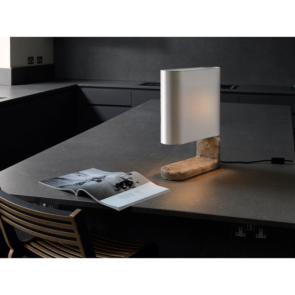 Columbo Table Lamp - Gray Alabaster, Satin Brass, Dove Gray Silk Shade