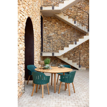Define Round Dining Table - Teak Geometric Top, Teak Base