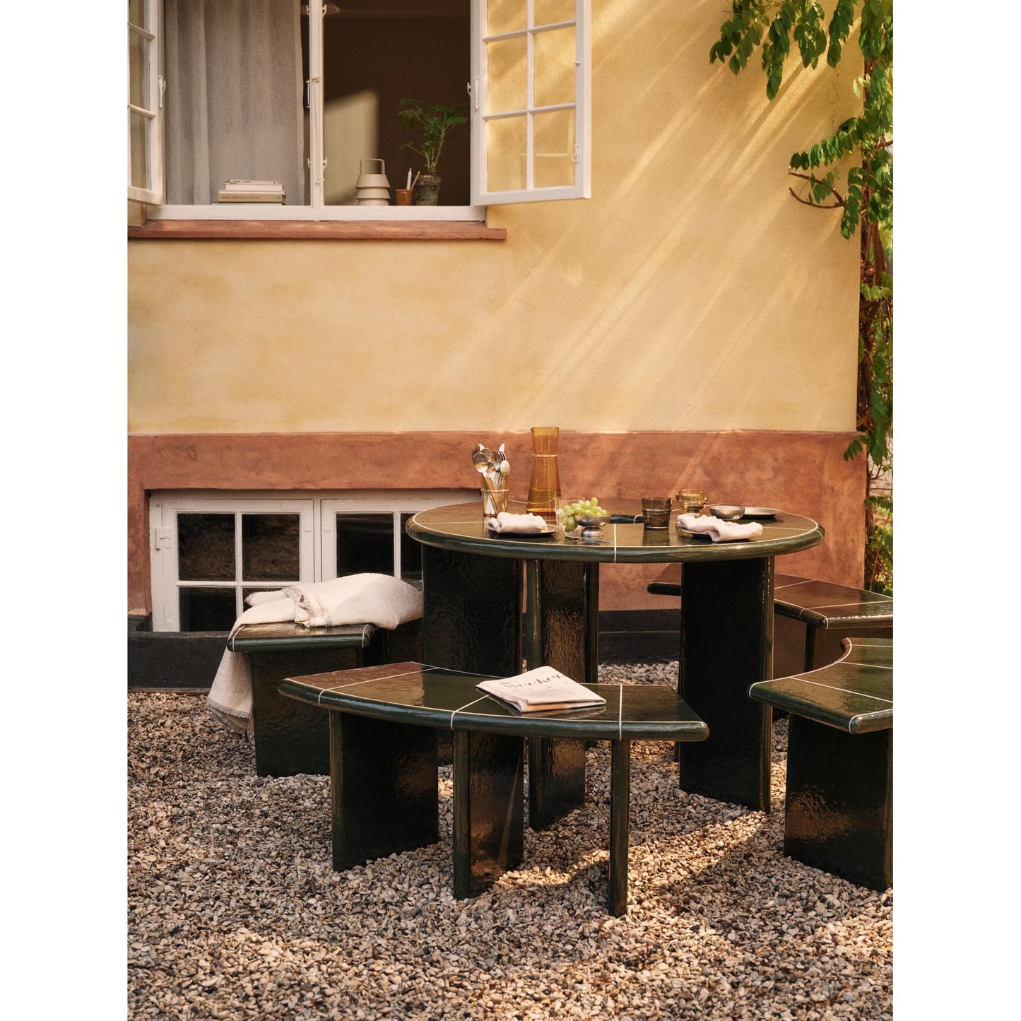 Deya Curved Bench - Dark Green