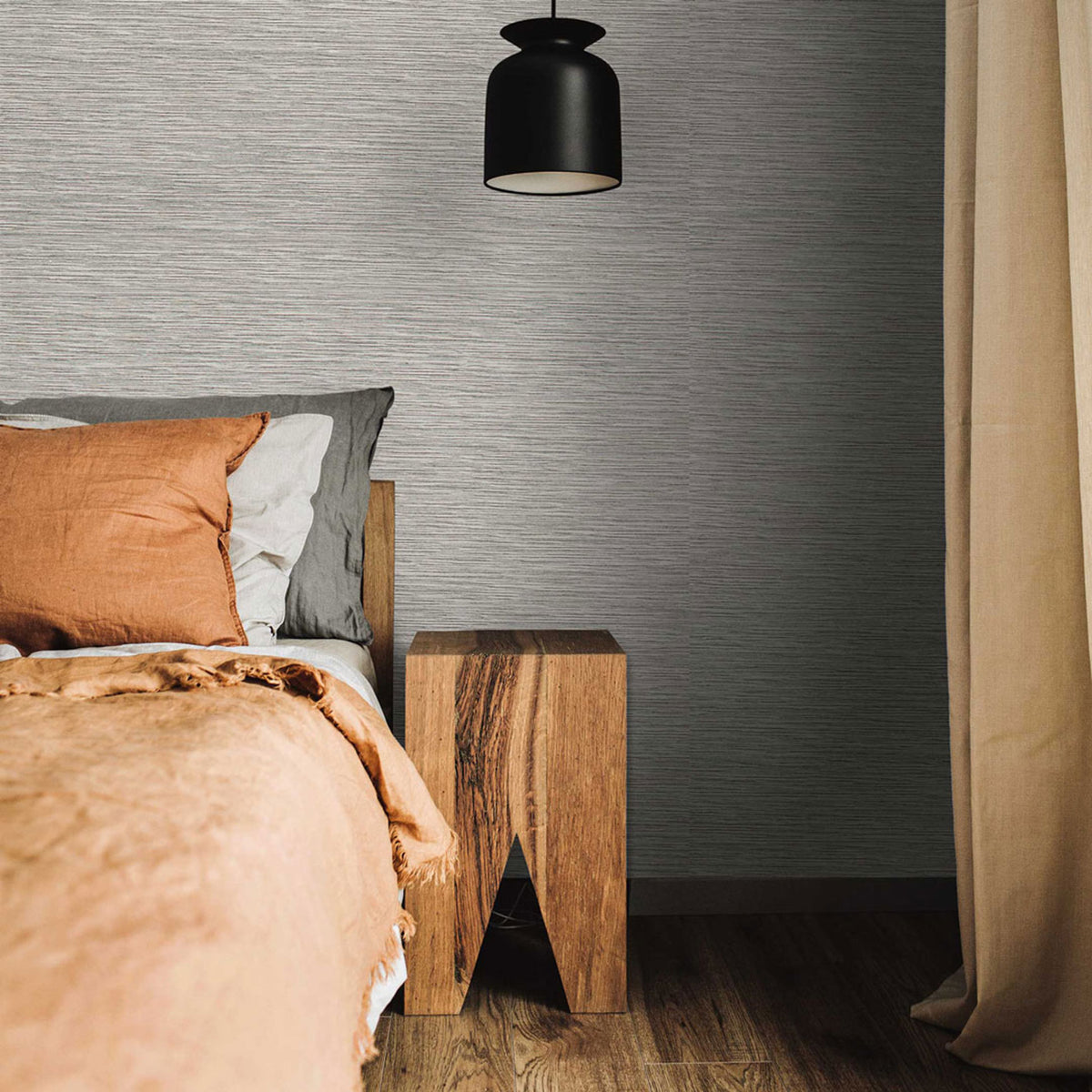 Fine Horizontal Sisal and Viscose Rayon Grasscloth Wallpaper - Light Natural and Black