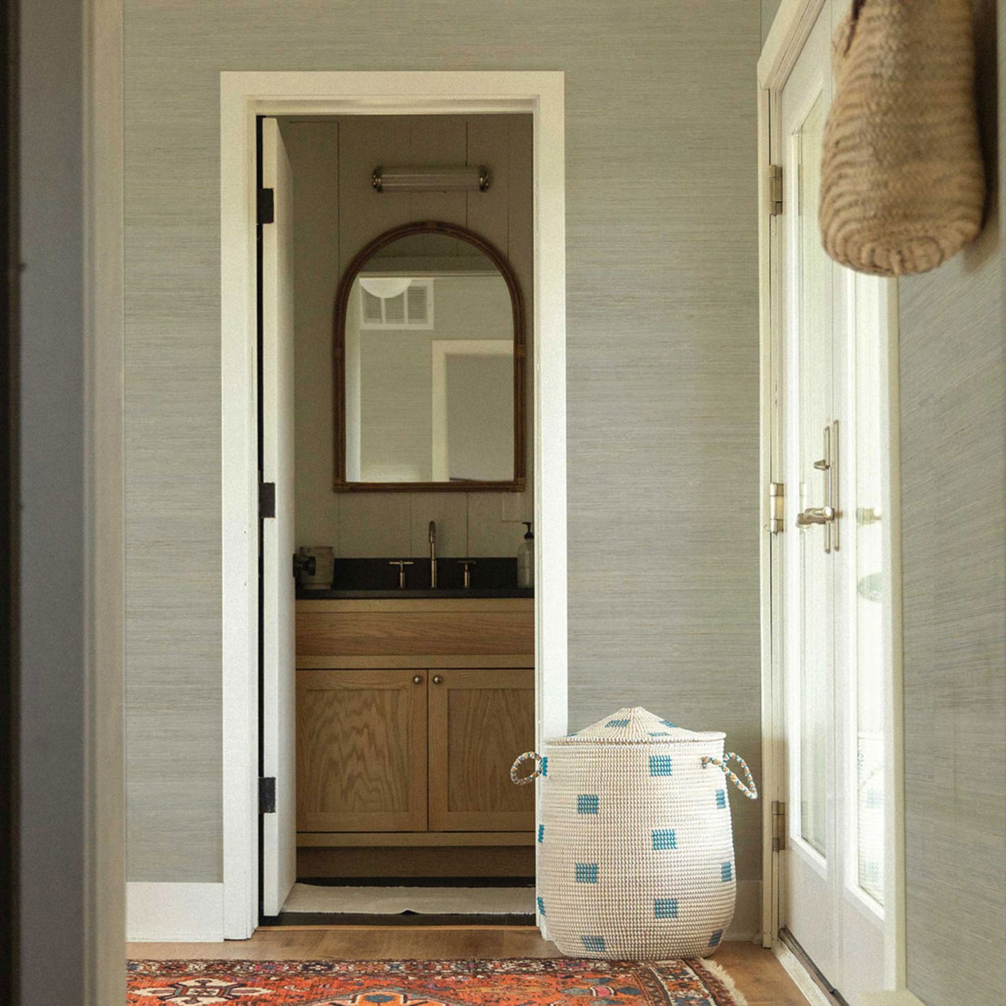 Fine Weave Hemp Grasscloth Wallpaper - Light Natural on Pale Sage