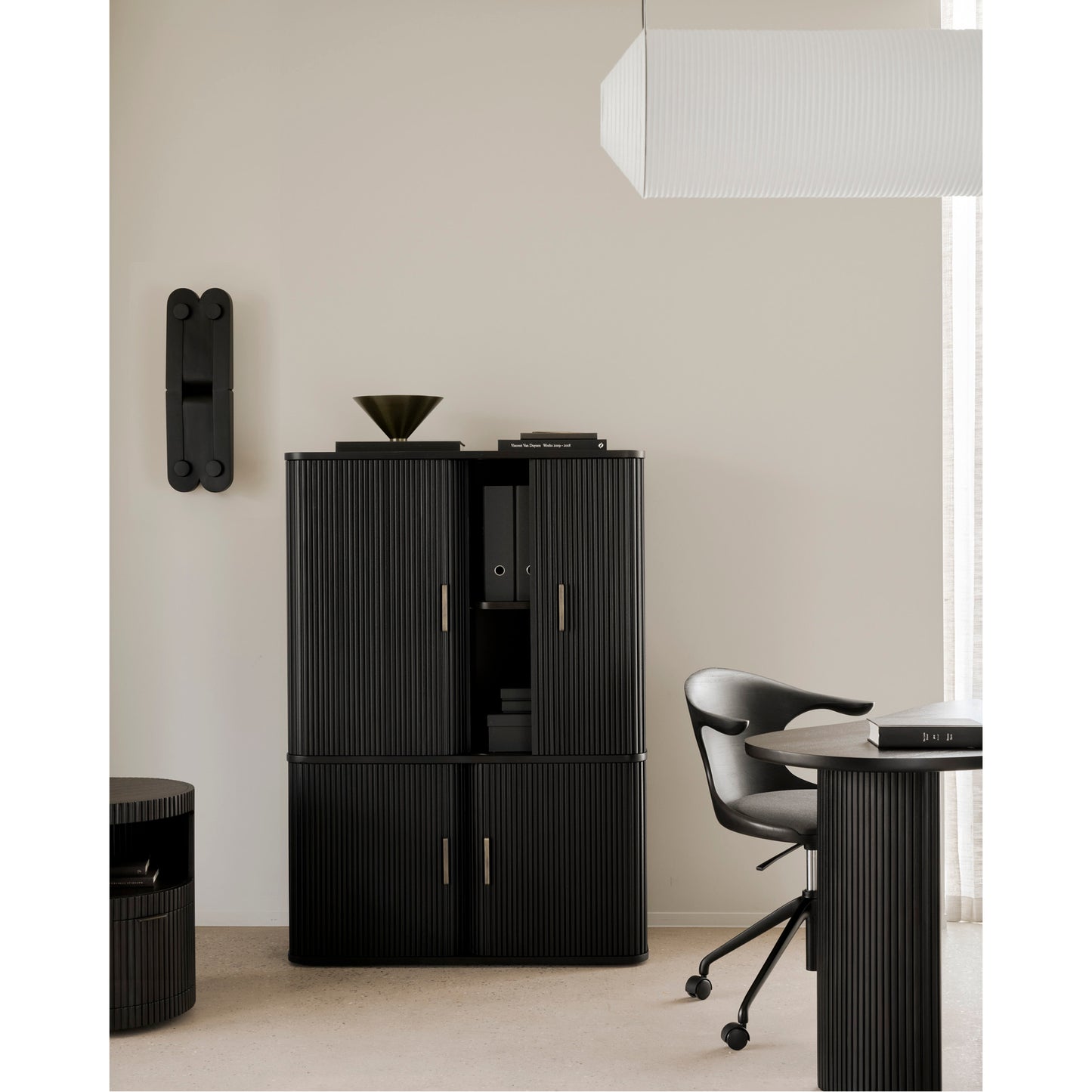Flow Office Chair - Dark Gray Fabric, Dark Brown Teak, Black Base With Wheels