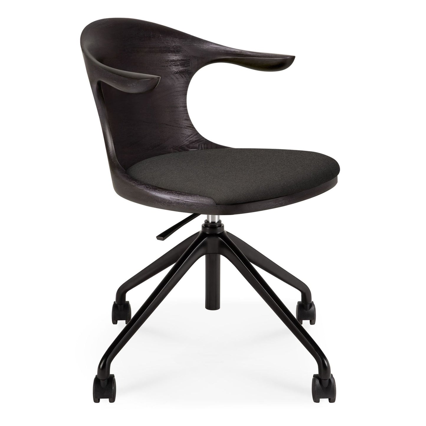 Flow Office Chair - Dark Gray Fabric, Dark Brown Teak, Black Base With Wheels