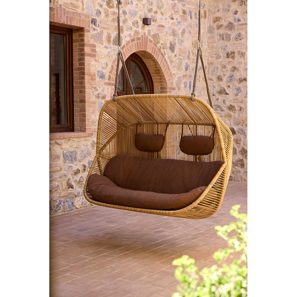 Hive Outdoor 2 Seater Sofa - Light Brown Cushions, Teak Base