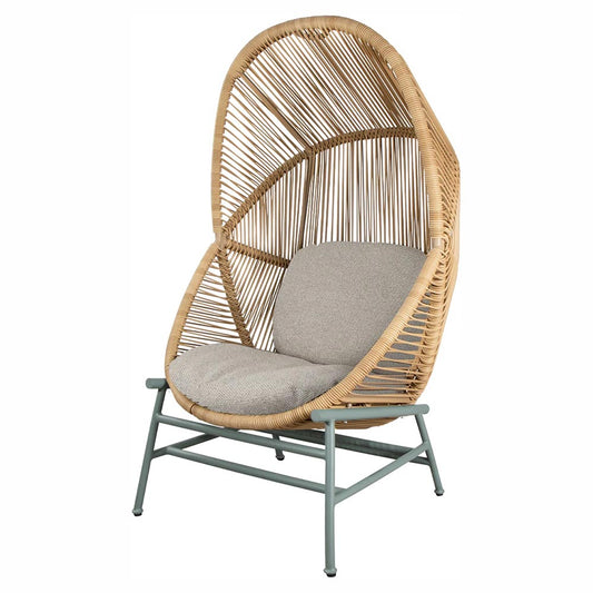 Hive Outdoor Chair - Light Brown Cushions, Natural Weave Chair, Dusty Green Aluminum Base