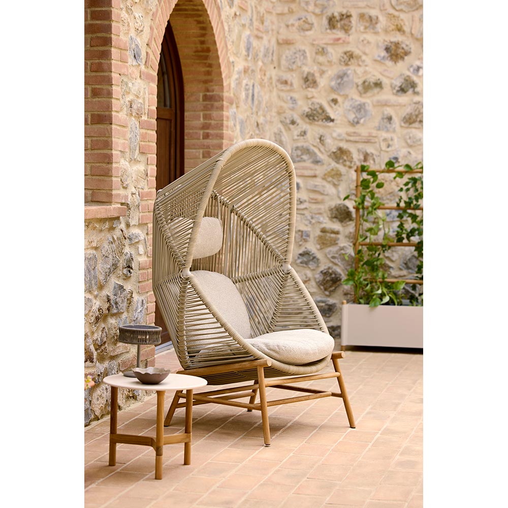 Hive Outdoor Chair - Light Brown Cushions, Sand Weave Chair, Dusty Green Aluminum Base