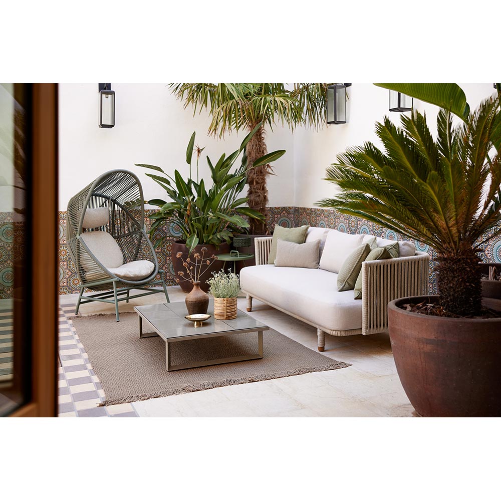 Hive Outdoor Chair - Sand Cushions, Dusty Green Weave Chair, Sand Aluminum Base