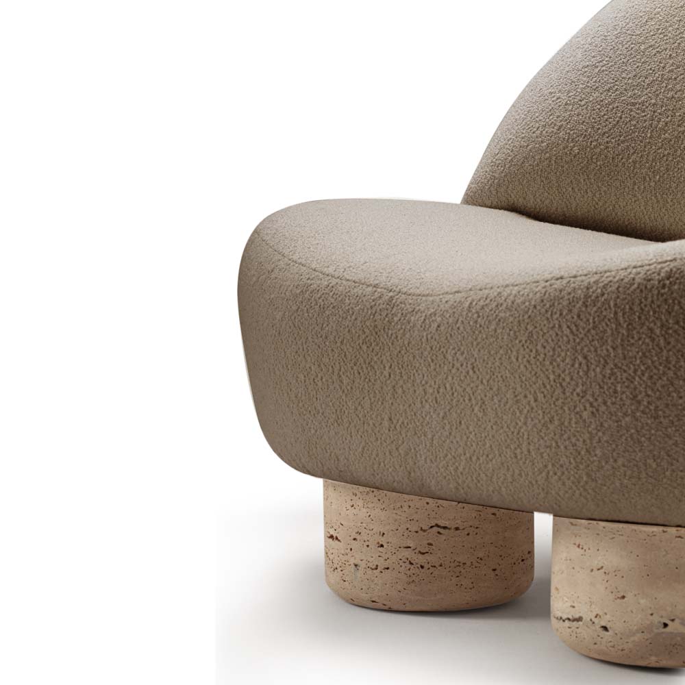 Hygge Armchair - Latte Boucle, Travertine Marble Feet