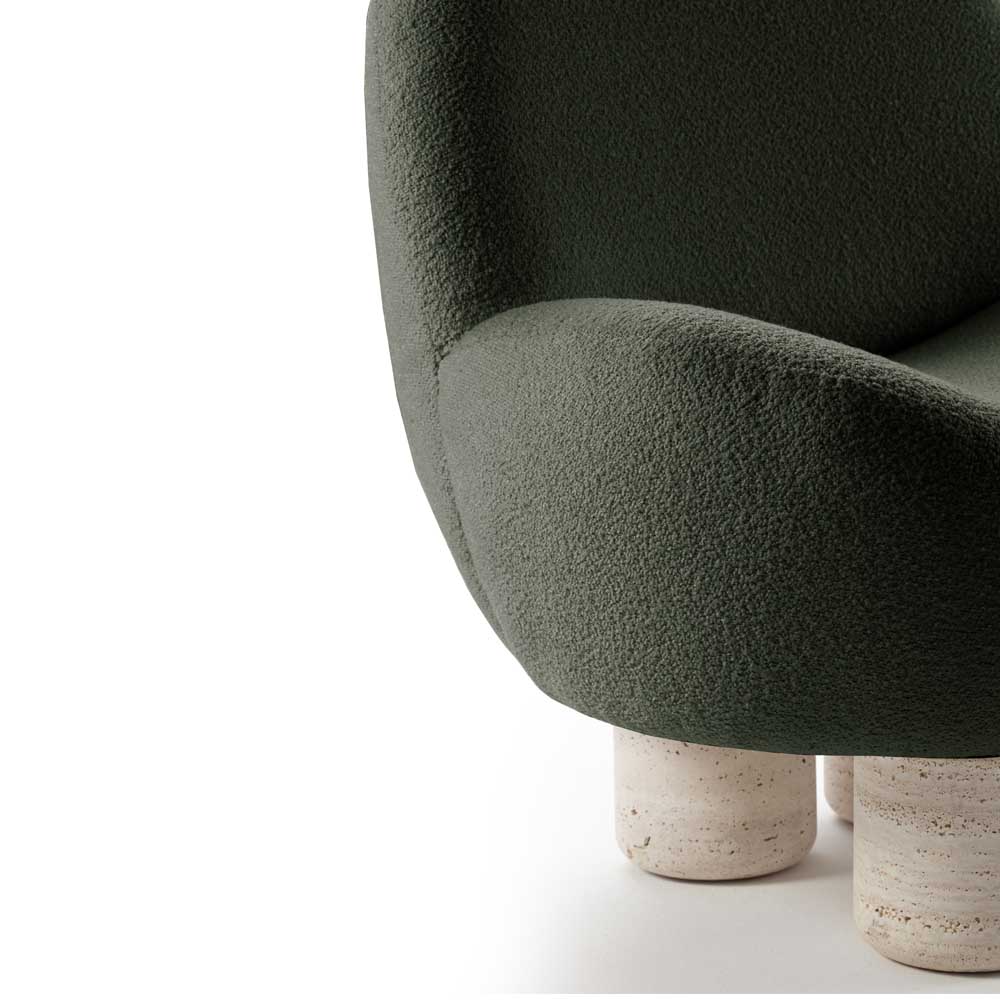 Hygge Lounge Chair - Forest Boucle, Travertine Marble Feet