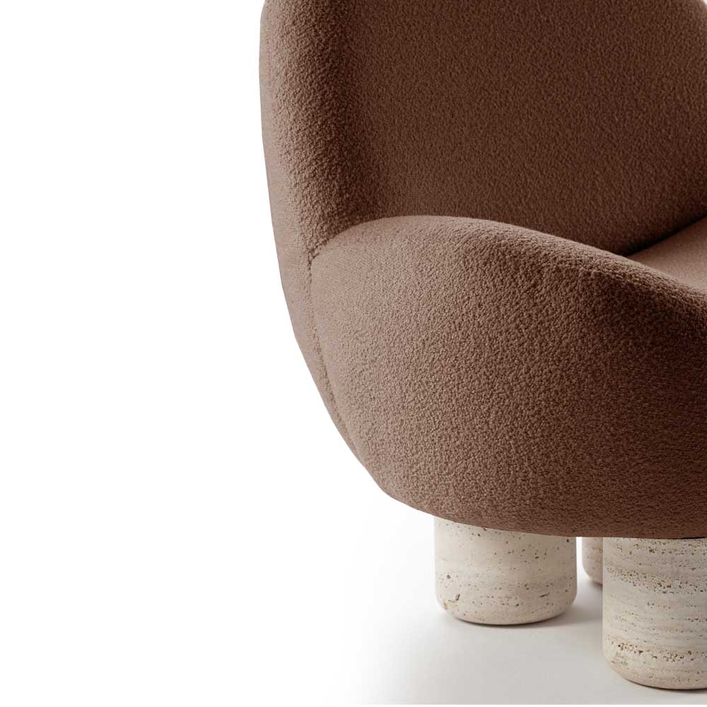 Hygge Lounge Chair - Gold Boucle, Travertine Marble Feet – Rouse Home