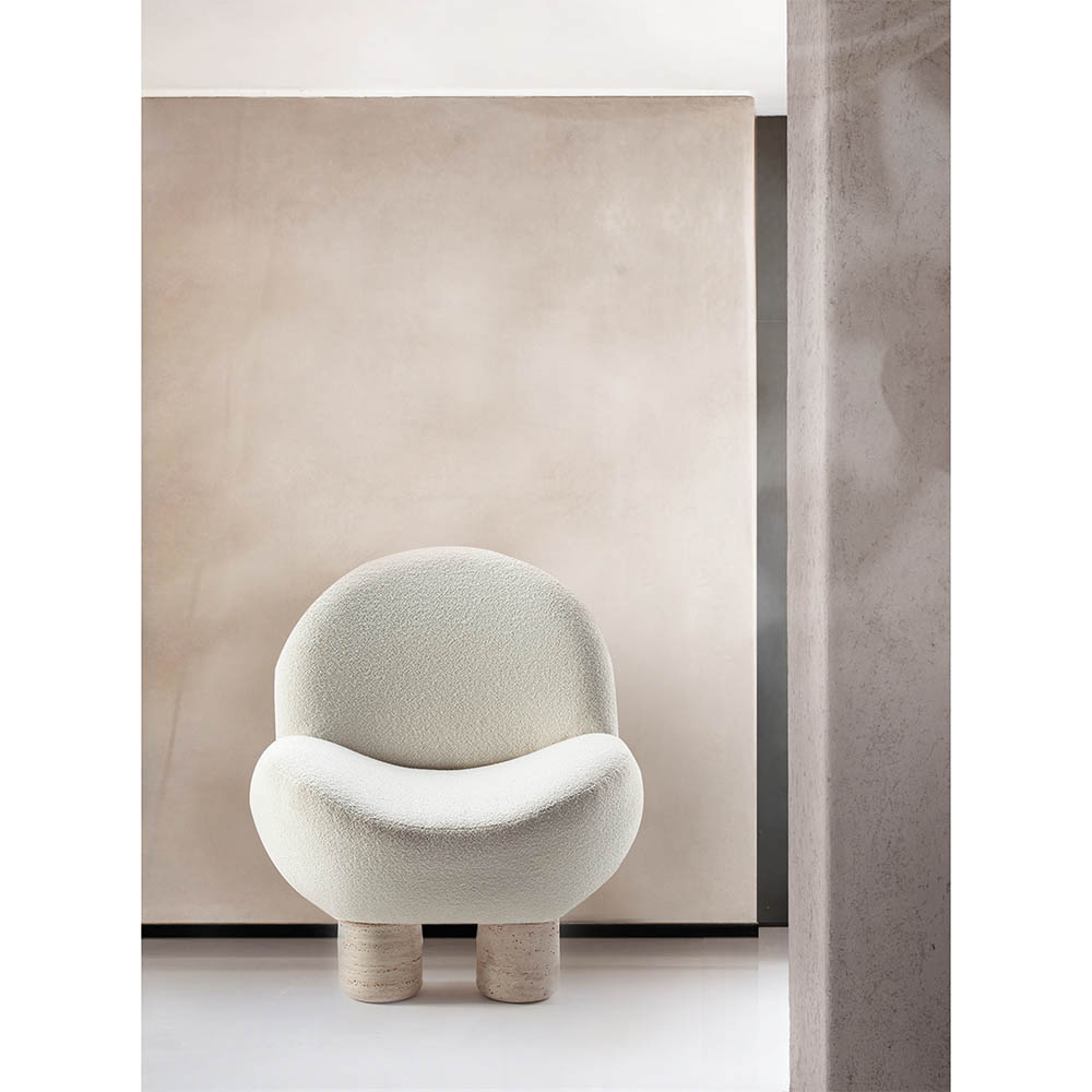 Hygge Lounge Chair - Gold Boucle, Travertine Marble Feet – Rouse Home