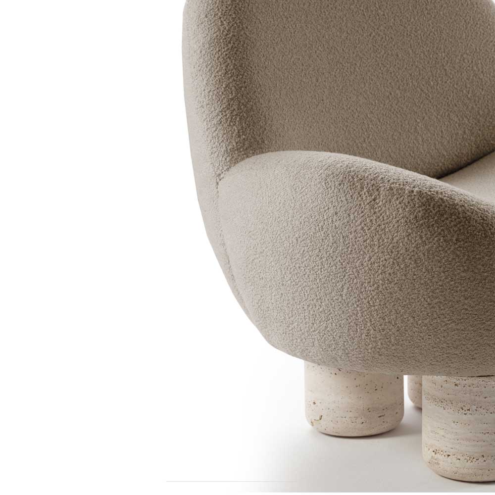 Hygge Lounge Chair - Latte Boucle, Travertine Marble Feet