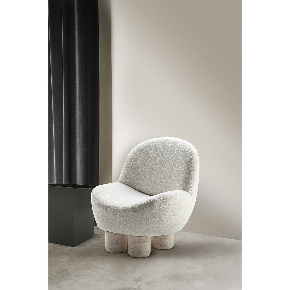 Hygge Lounge Chair - Latte Boucle, Travertine Marble Feet
