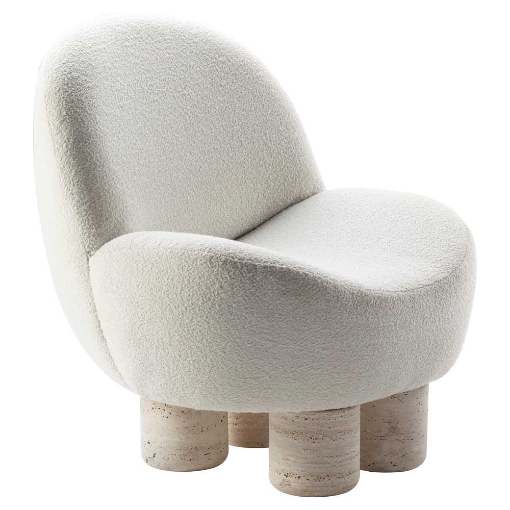 Hygge Lounge Chair - White Boucle, Travertine Marble Feet