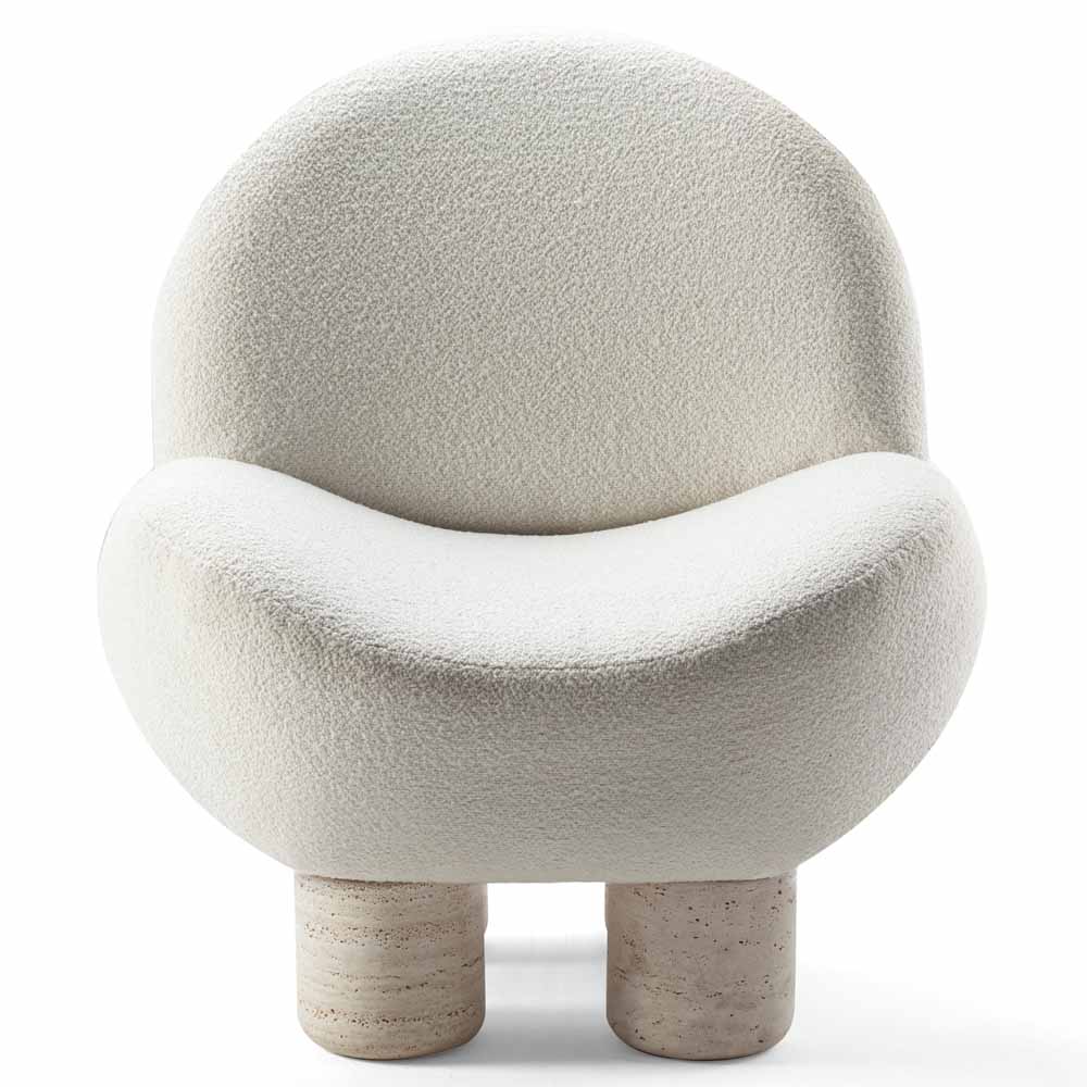 Hygge Lounge Chair - White Boucle, Travertine Marble Feet