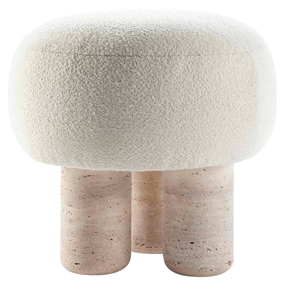 Hygge Stool - White Boucle, Travertine Marble Feet