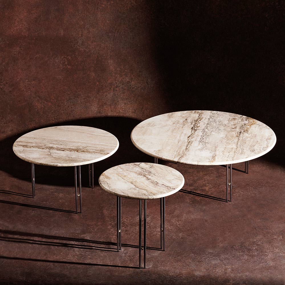 IOI Round Medium Coffee Table - Rippled Beige Travertine, Chrome Base
