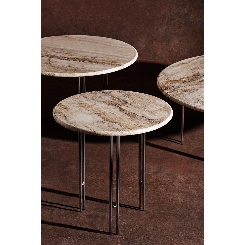 IOI Round Small Coffee Table - Rippled Beige Travertine, Chrome Base