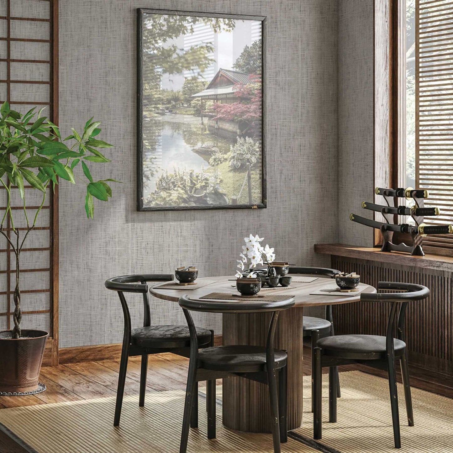 Loose Box Weave Paperweave Wallpaper - Light Natural on Black Boxweave