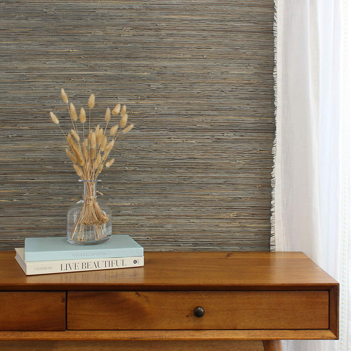 Loose Weave Boodle and Jute Grasscloth Wallpaper - Multicolor Knotted on Black