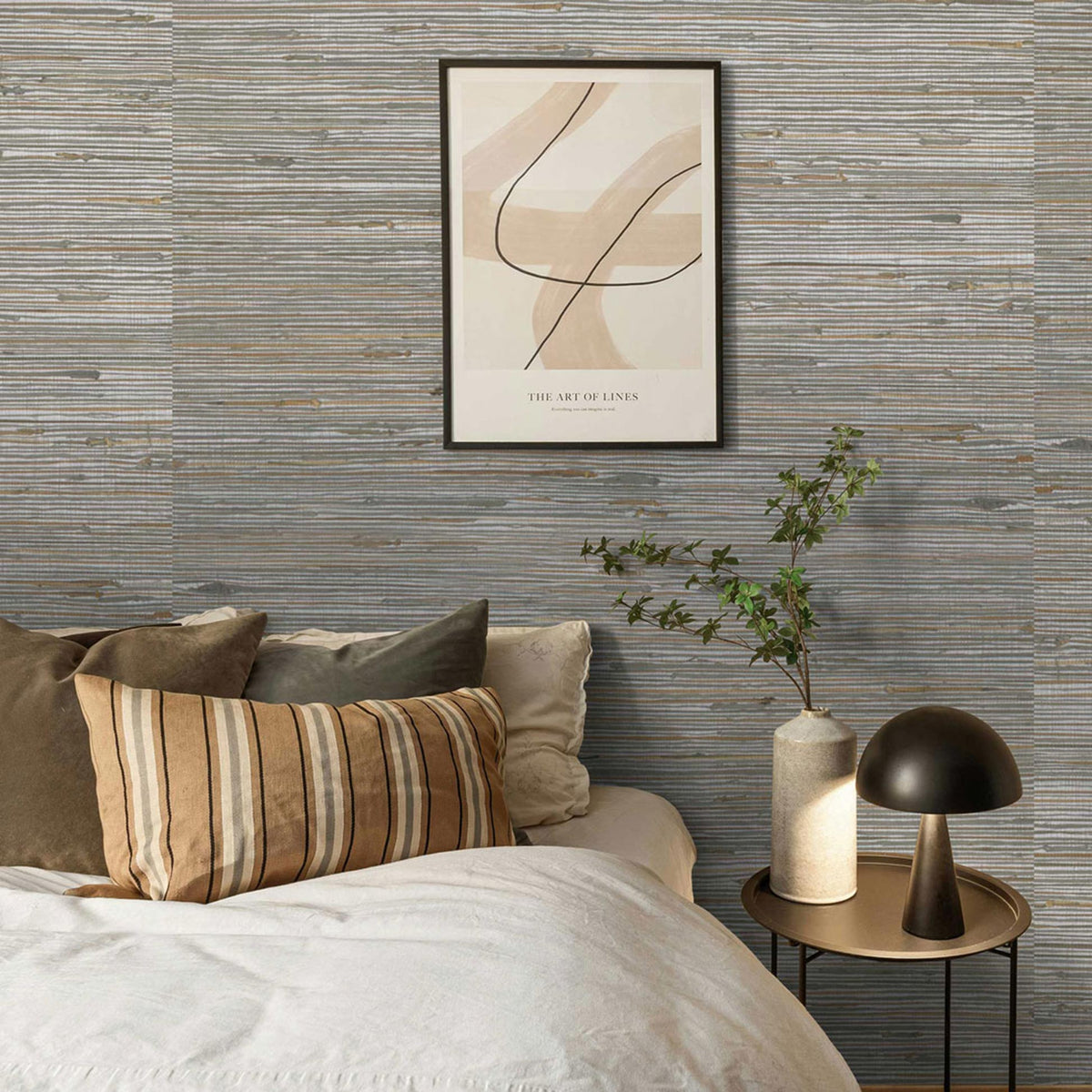 Loose Weave Knotted Jute and Boodle Grasscloth Wallpaper - Beige and Taupe on Metallic Silver
